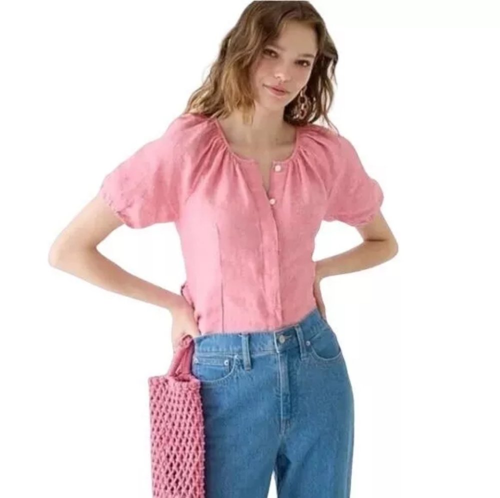 J Crew V-back Linen Top Blouse Pink Puff Short Sleeves Back Tie Button Front- 14 - Picture 2 of 12